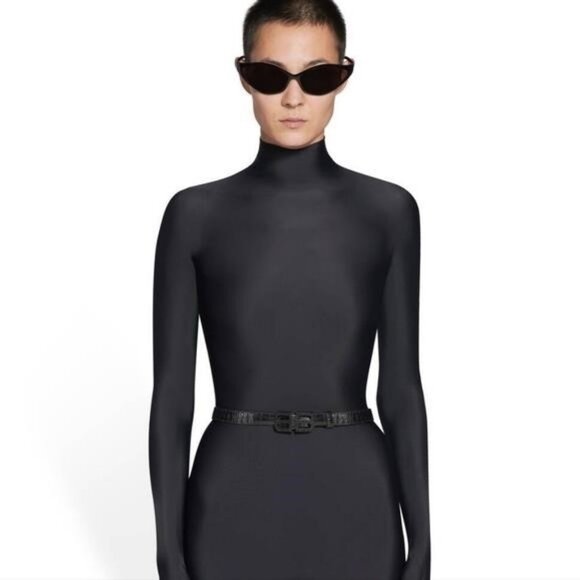 New Authentic Balenciaga BB Logo Buckle Croc Embossed Leather Skinny Belt - Picture 3 of 14